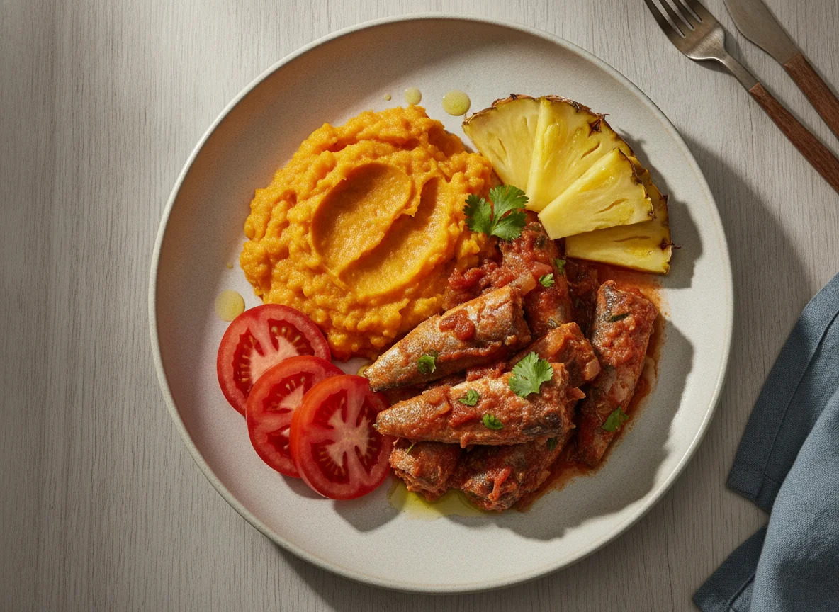 Sardinha ao molho com purê de abóbora, tomate e abacaxi photo