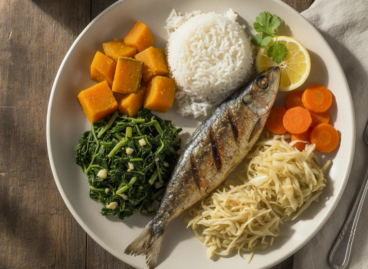 Sardinha assada com legumes e arroz photo