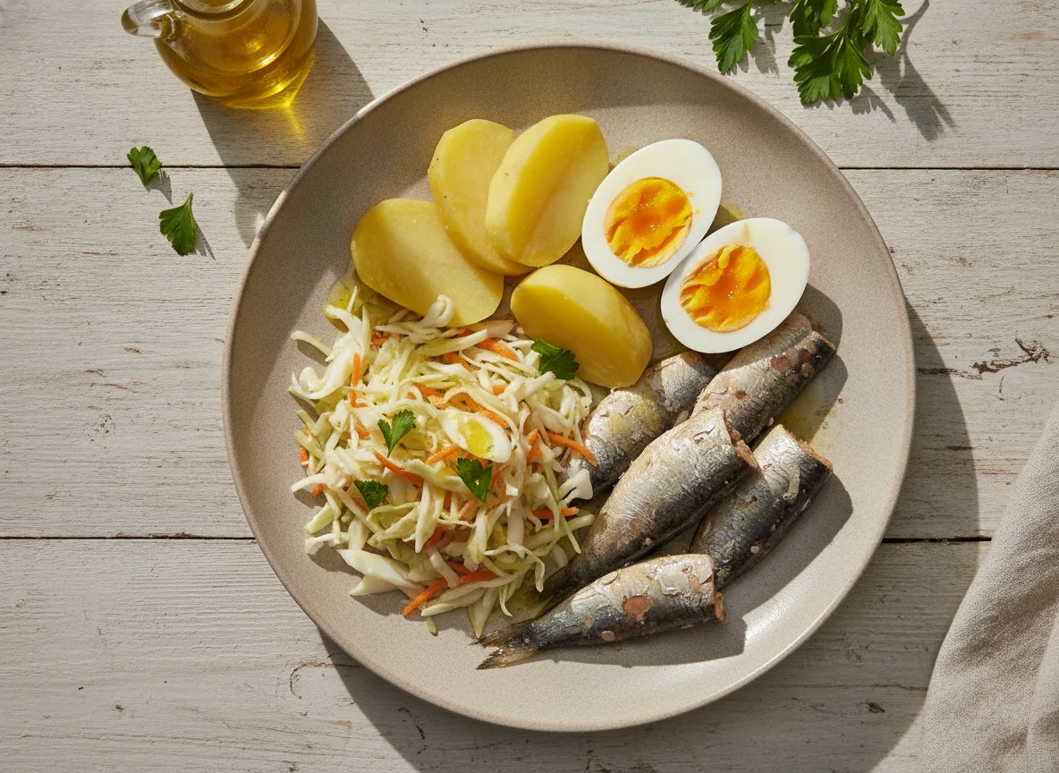 Sardinha com batata cozida, ovo e salada de repolho photo