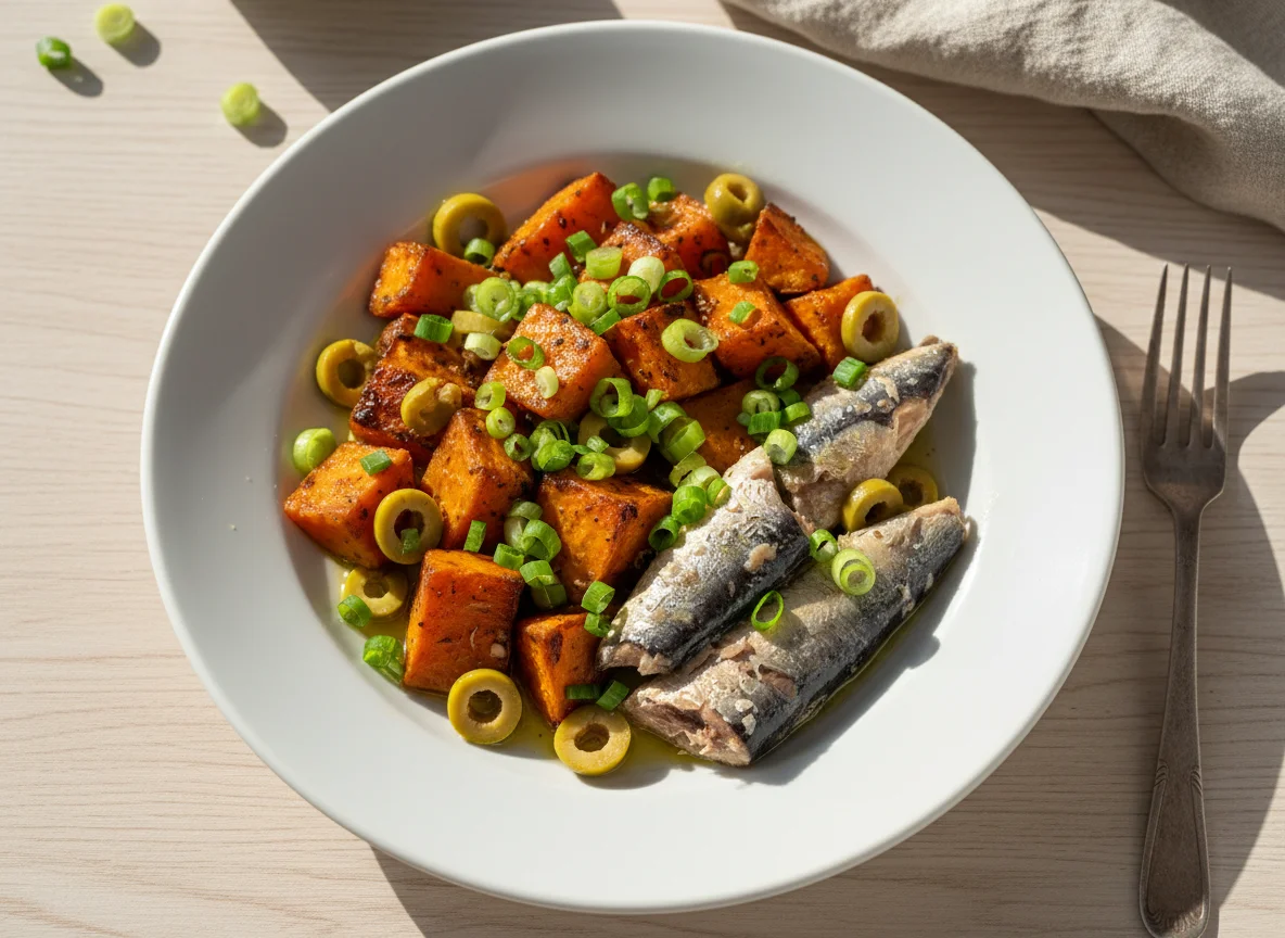 Sardinha com batata doce e azeitonas photo