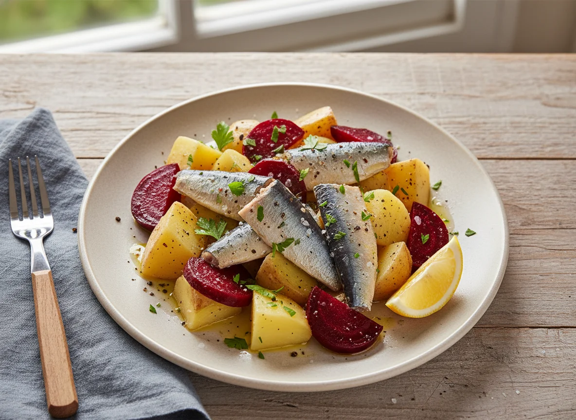 Sardinha com batata e beterraba photo