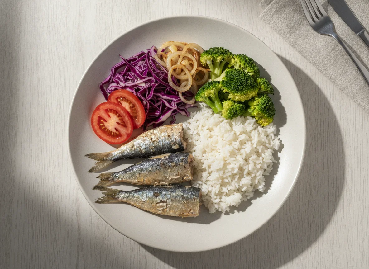 Sardinha cozida com arroz, brócolis e salada photo