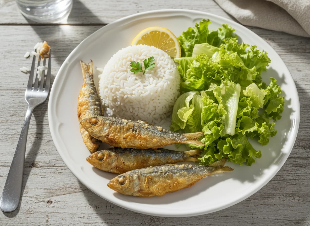 Sardinha frita com arroz e alface photo