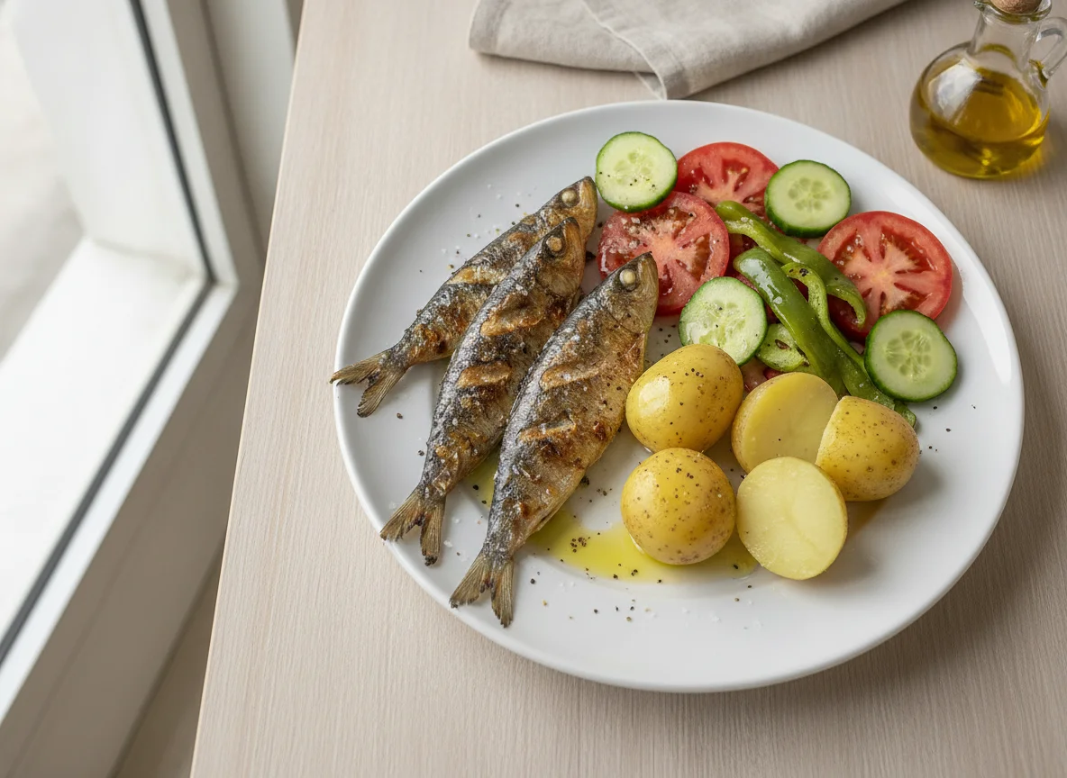 Sardinhas Assadas com Batata Cozida e Salada photo