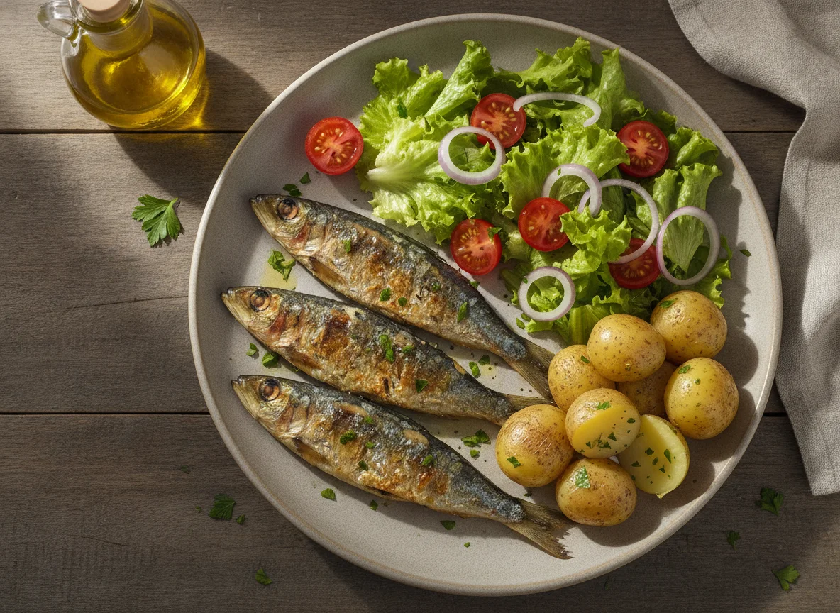 Sardinhas assadas com batata cozida e salada mista photo