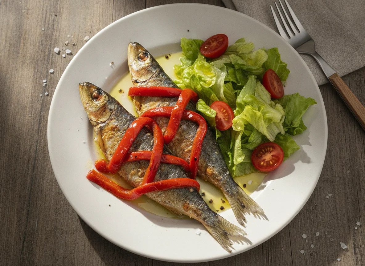 Sardinhas assadas com pimentos e salada photo