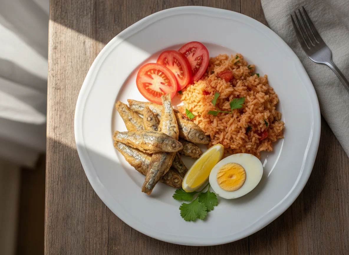Sardinhas fritas com arroz, tomate e ovo cozido photo