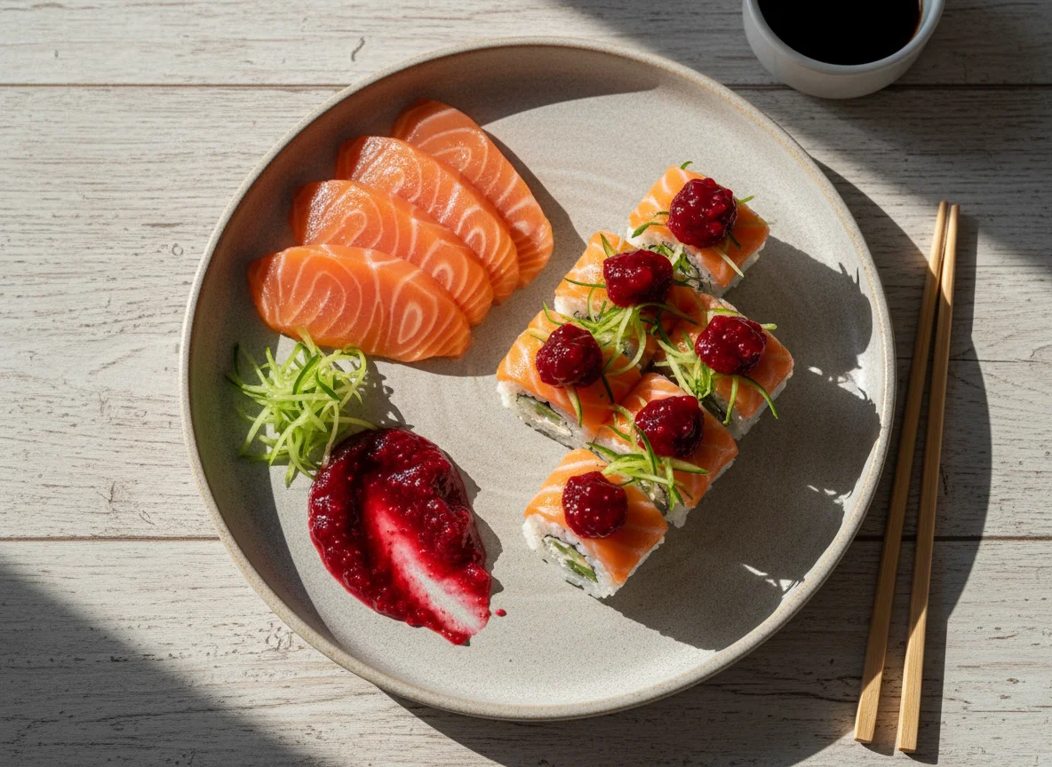 Sashimi de salmão e rolls de salmão com geleia photo