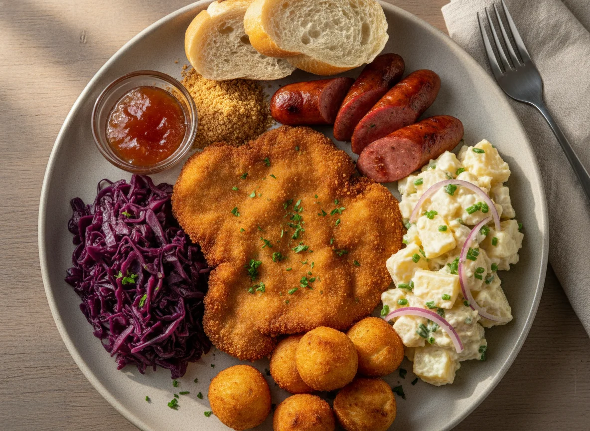 Schnitzel com Repolho Roxo e Salada de Batata photo