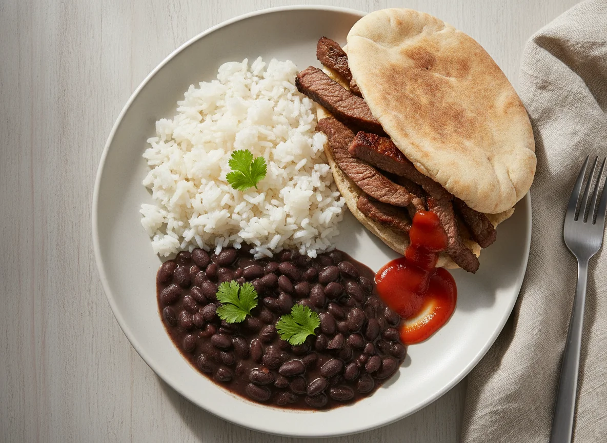 Shawarma de carne com arroz e feijão photo