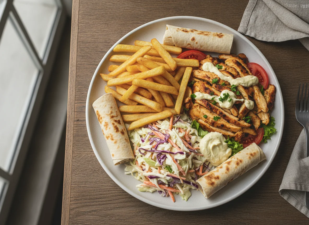 Shawarma no prato com batatas fritas e salada coleslaw photo