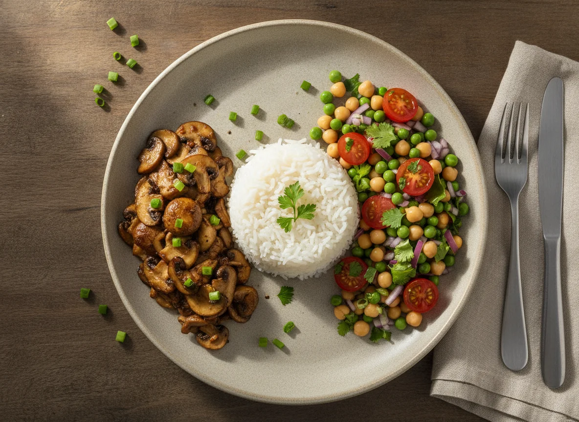 Shimeji na manteiga com arroz e salada de grão-de-bico photo