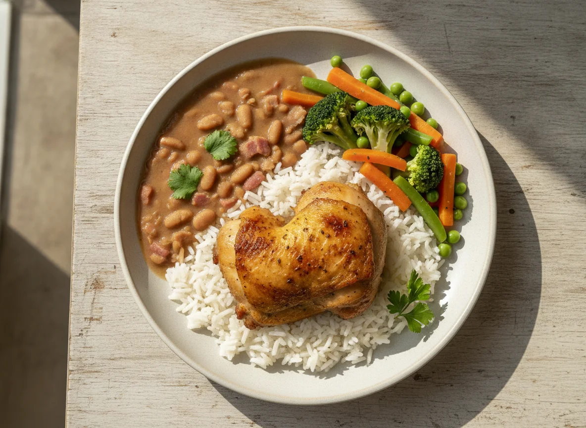 Sobrecoxa assada com arroz, feijão e legumes photo