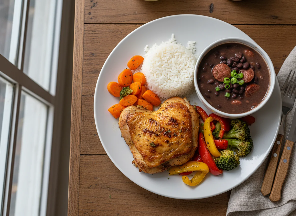 Sobrecoxa assada com legumes, arroz branco, feijão photo