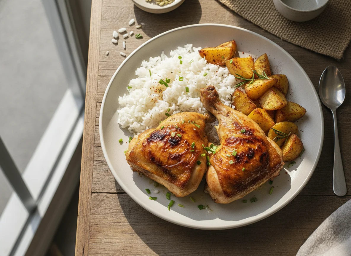 Sobrecoxa de frango assada com arroz e batatas photo