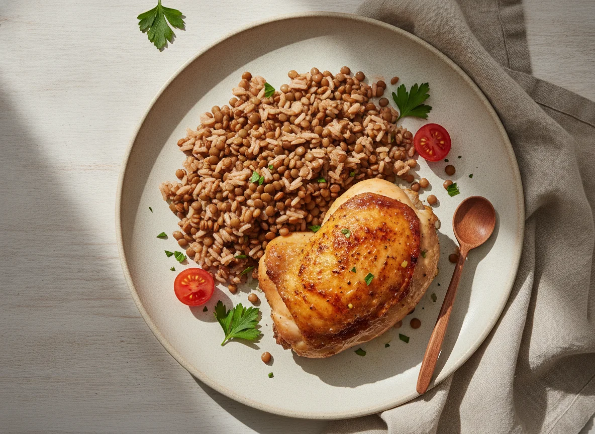 Sobrecoxa de frango assada com arroz integral e lentilha photo