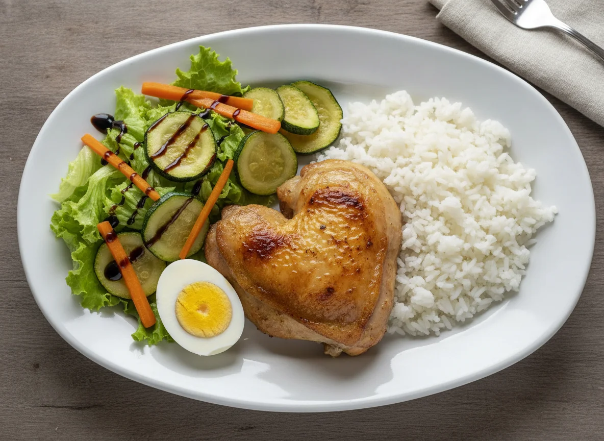Sobrecoxa de frango assada com arroz, salada e ovo cozido photo