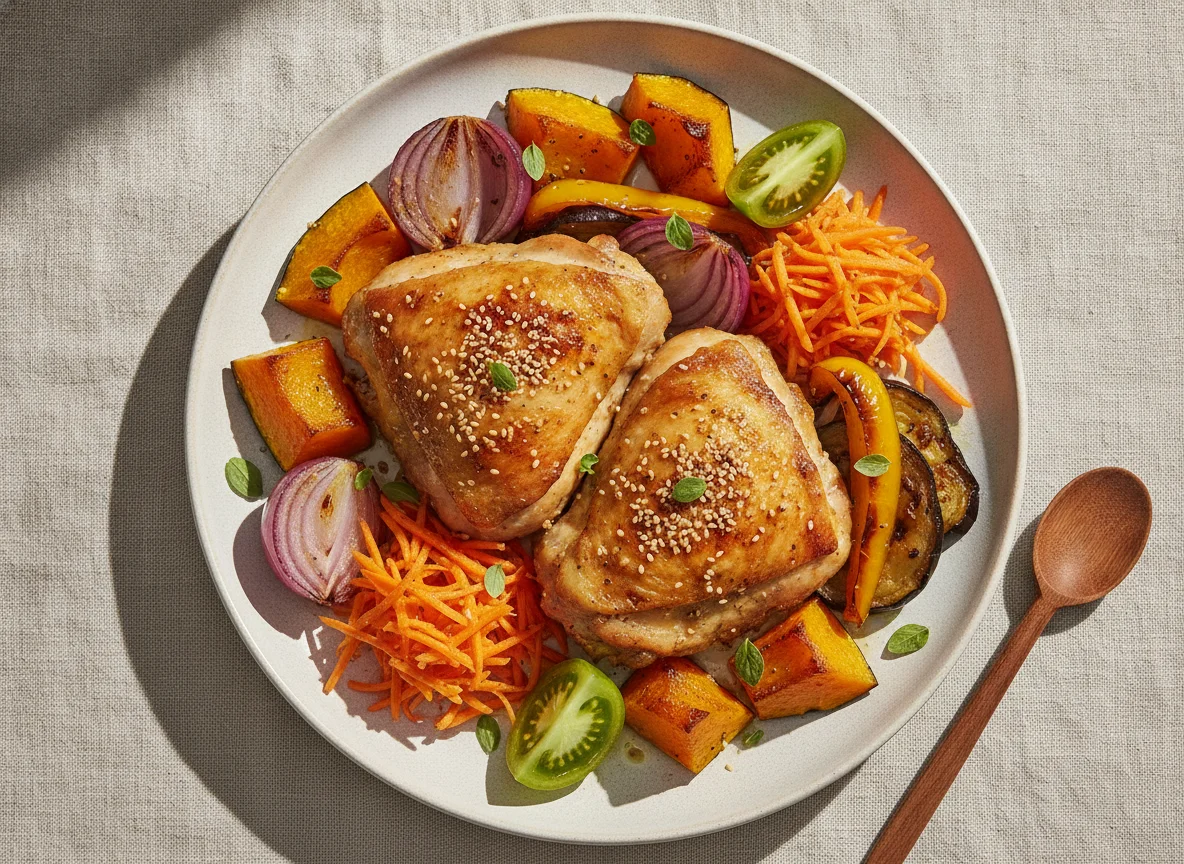 Sobrecoxa de frango assada com legumes photo