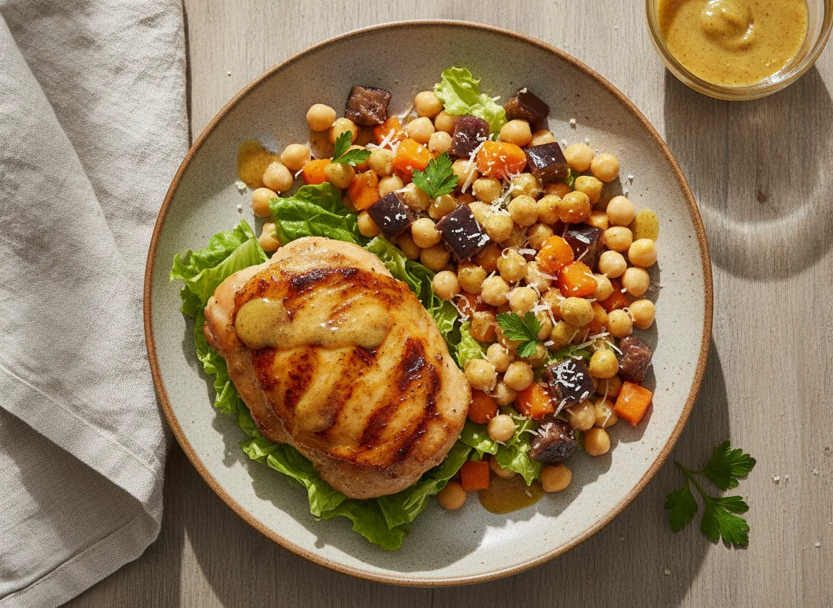 Sobrecoxa de frango grelhada com salada de grão-de-bico e legumes photo