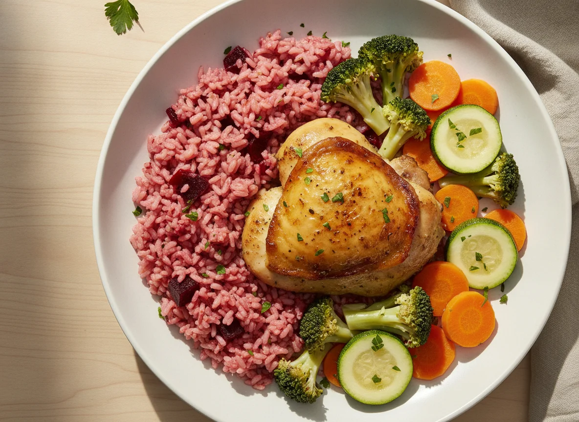 Sobrecoxa de frango sem pele com arroz de beterraba e legumes photo