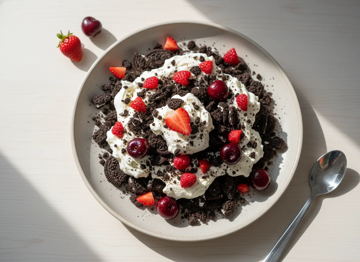 Sobremesa de biscoito e creme com frutas photo