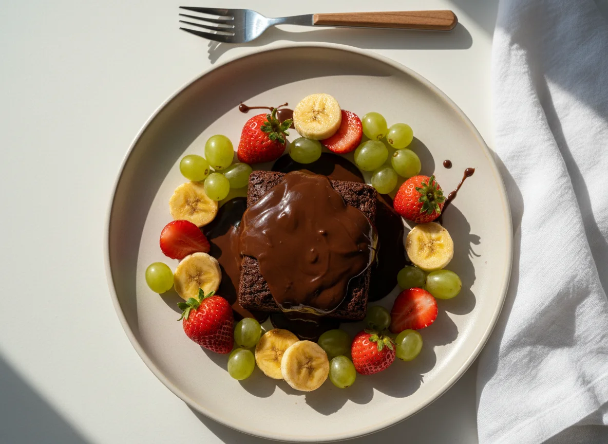 Sobremesa de Brownie com Frutas e Calda de Chocolate photo