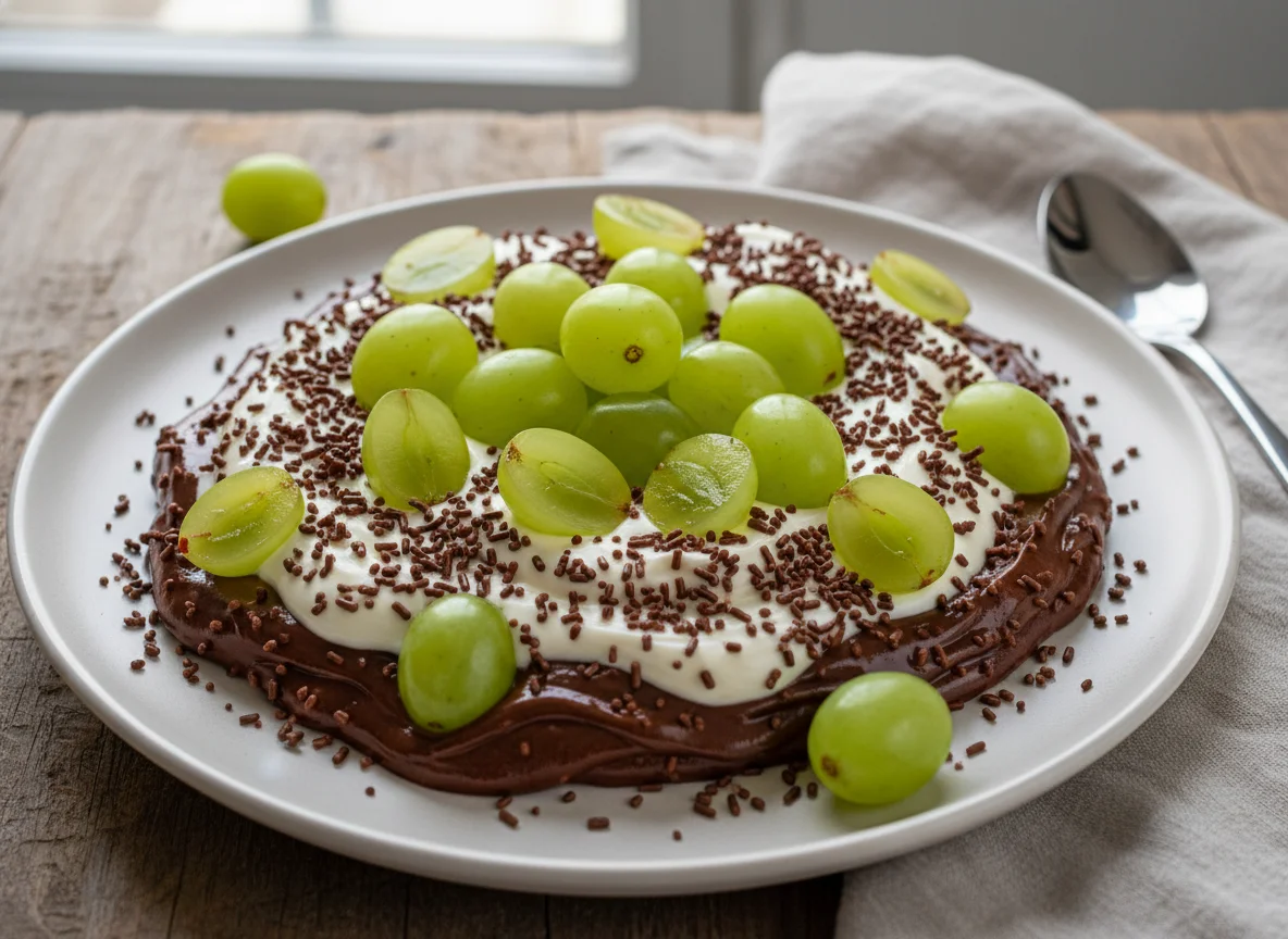 Sobremesa de chocolate com creme e uvas photo