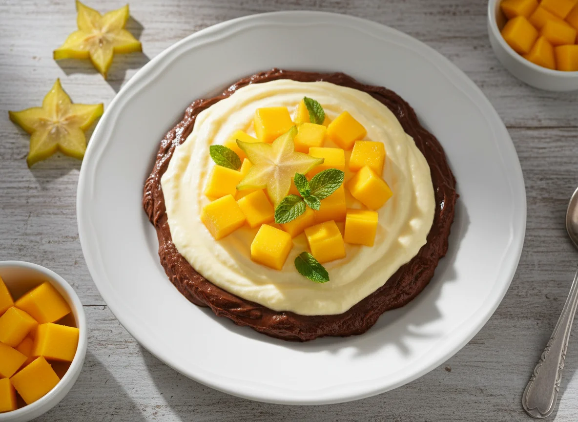 Sobremesa de chocolate e creme com frutas photo