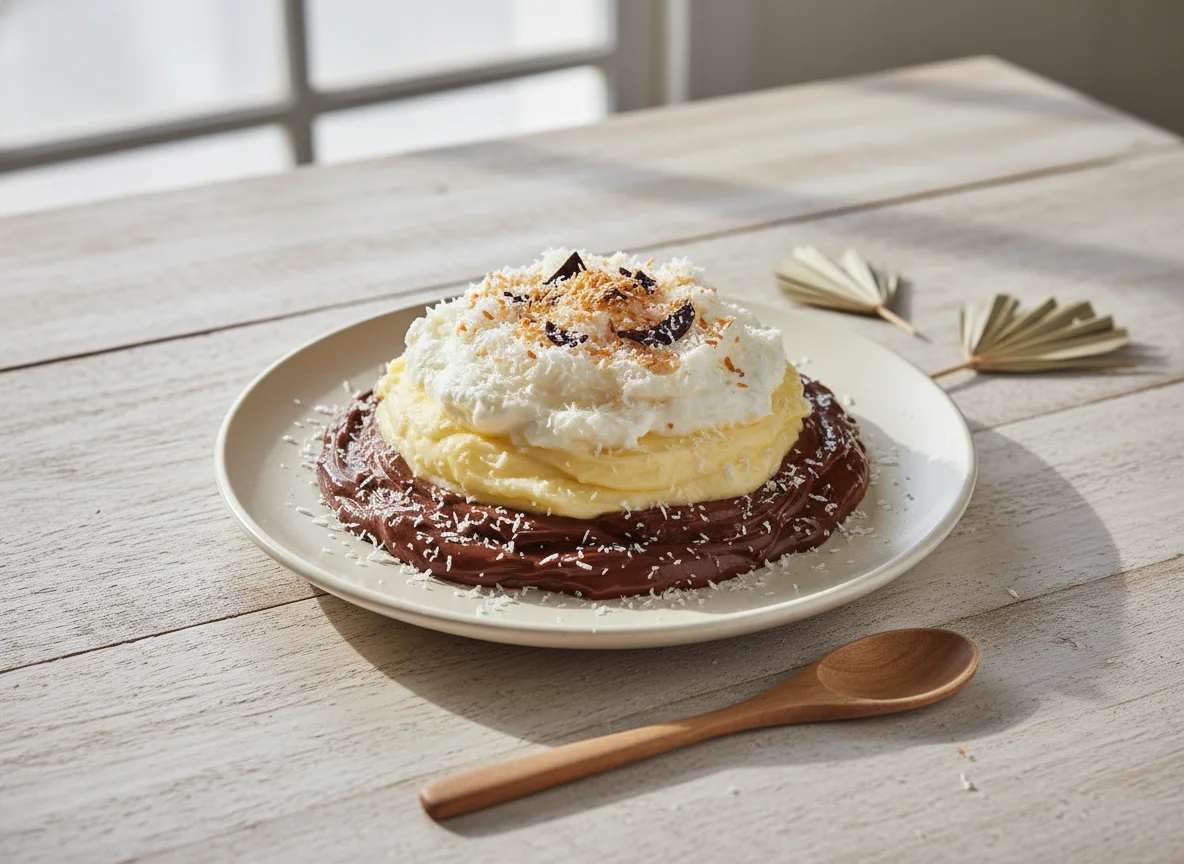 Sobremesa de coco, chocolate e creme photo