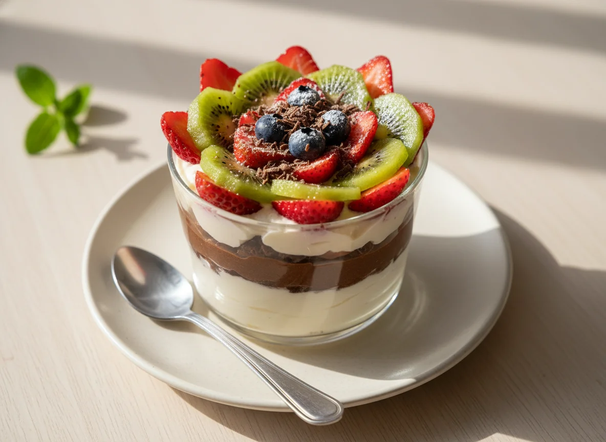 Sobremesa de copo com creme, chocolate e frutas photo