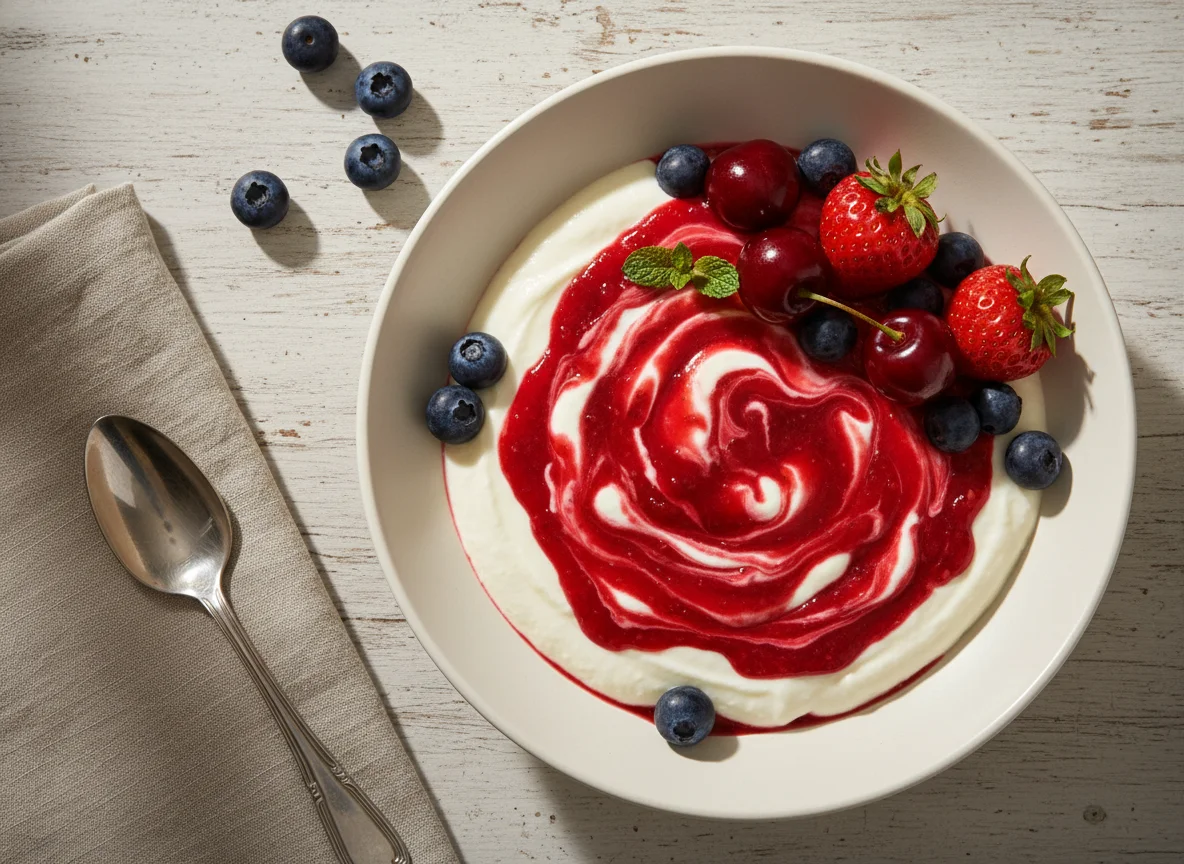 Sobremesa de creme com calda de frutas vermelhas photo
