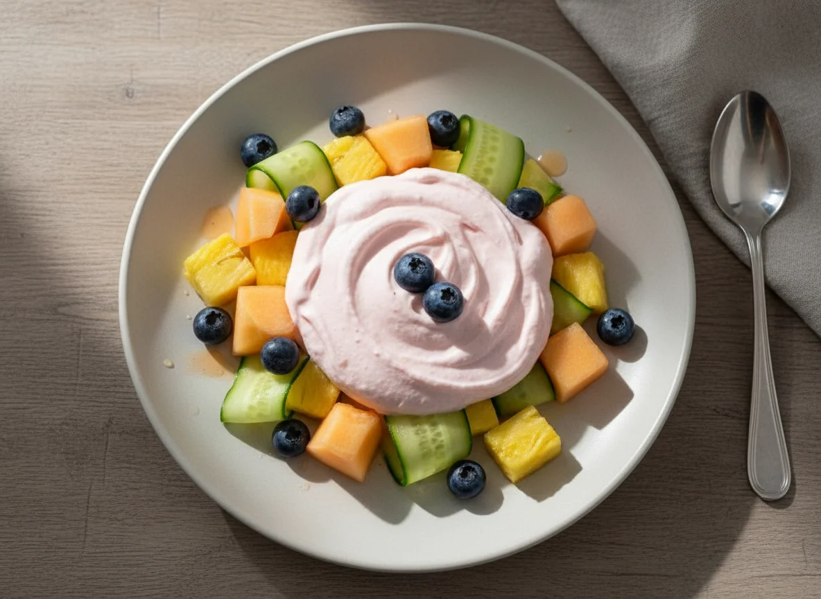 Sobremesa de frutas e mousse de morango photo