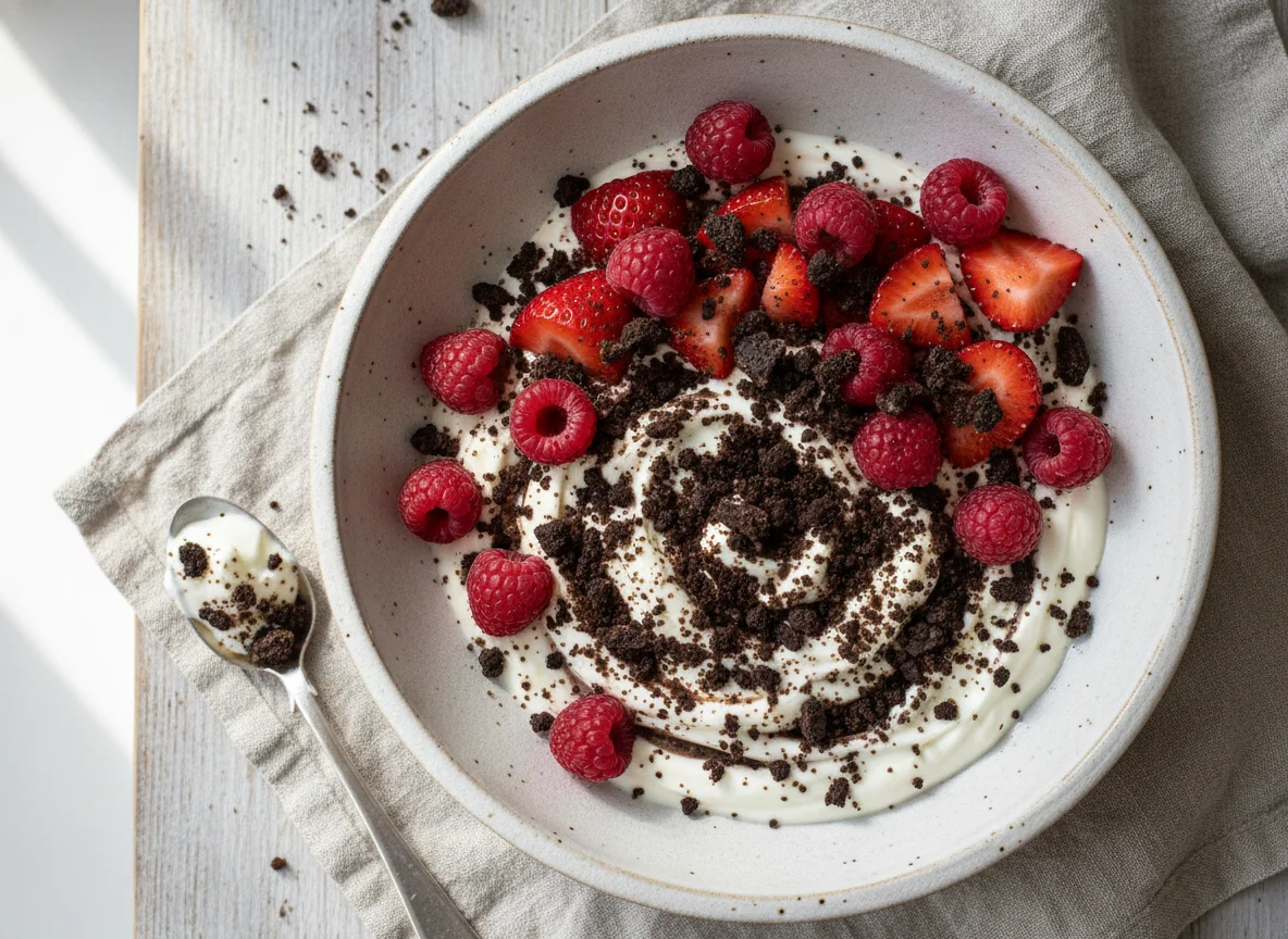 Sobremesa de iogurte com frutas vermelhas e biscoito photo