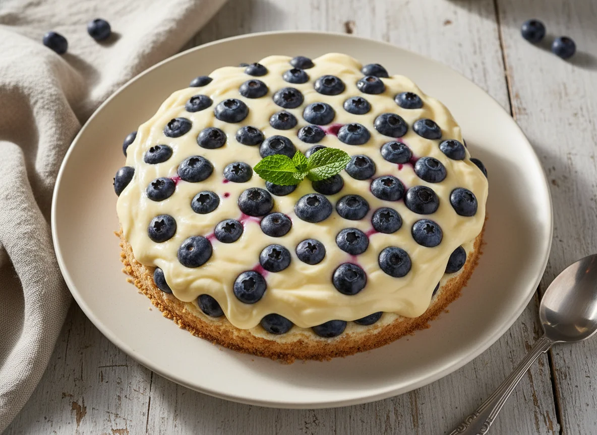 Sobremesa de mirtilos com creme photo