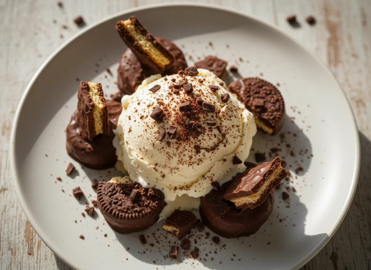 Sobremesa de sorvete com chocolate e biscoitos photo