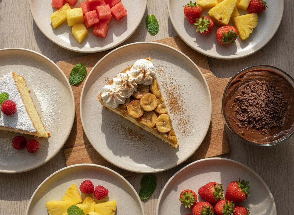Sobremesas variadas com frutas e bolos photo