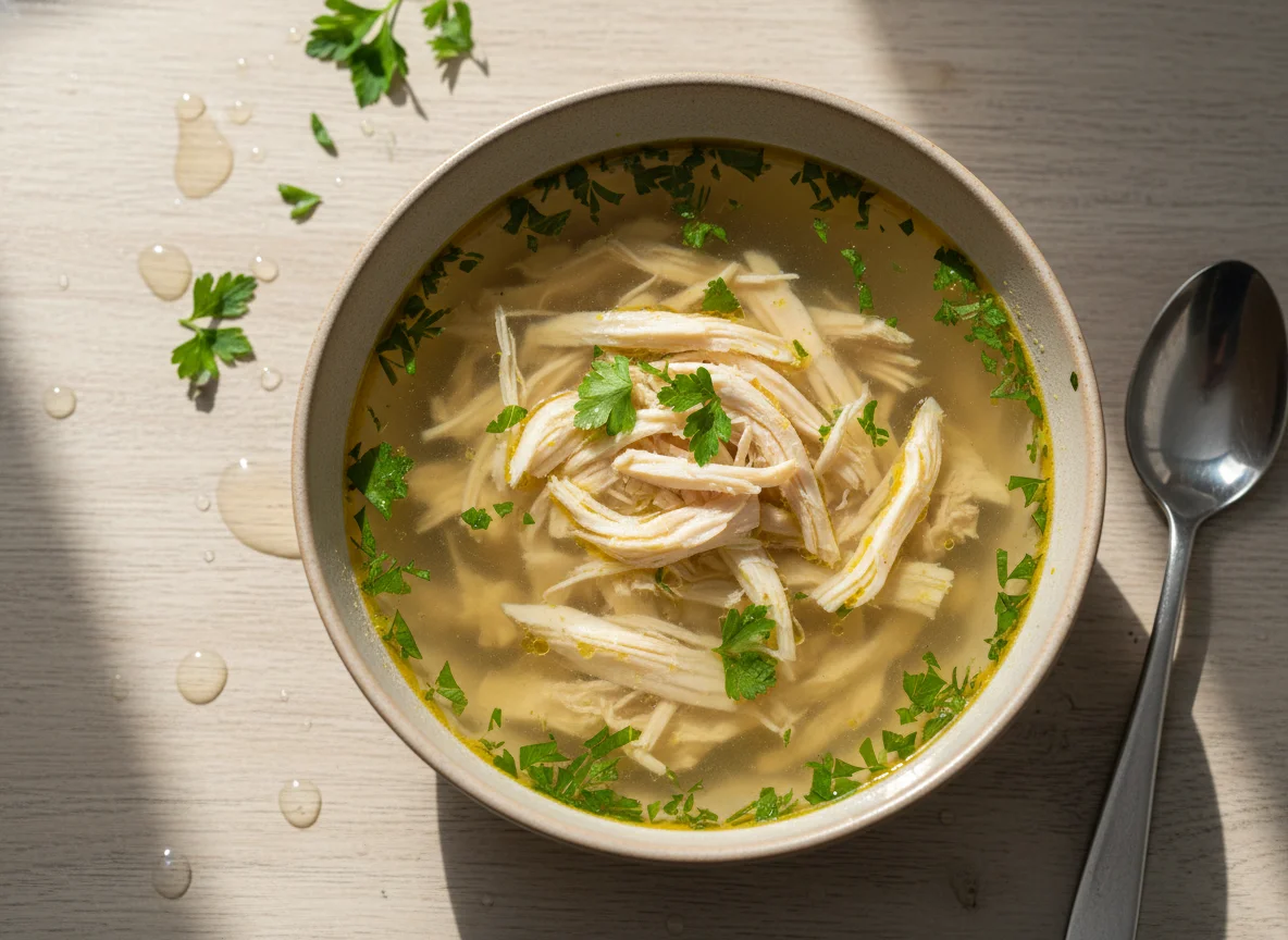 Sopa clara com pedaços de frango e ervas photo