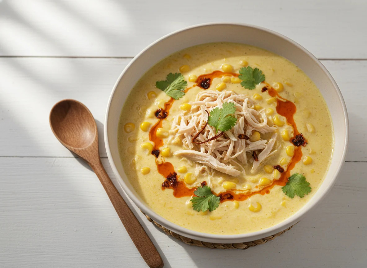 Sopa cremosa de milho com frango desfiado photo