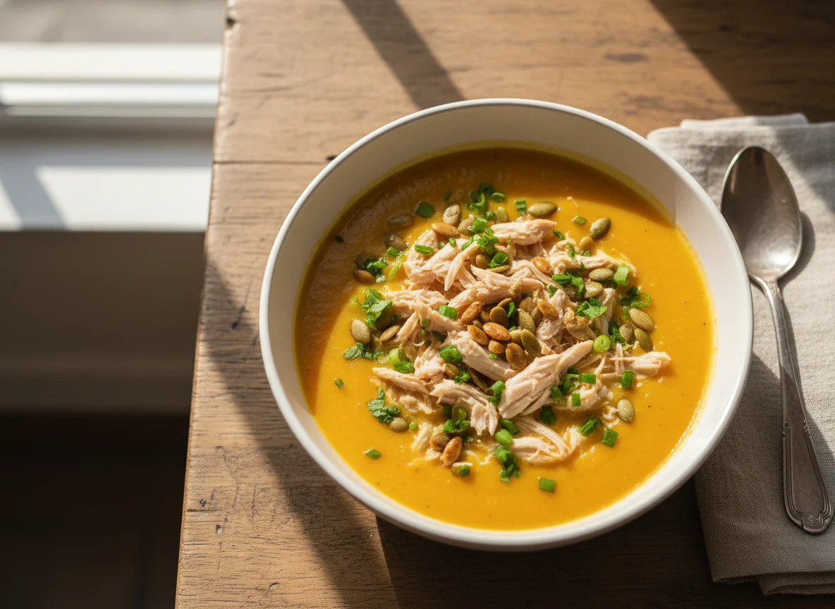 Sopa de abóbora com sementes de abóbora e frango photo
