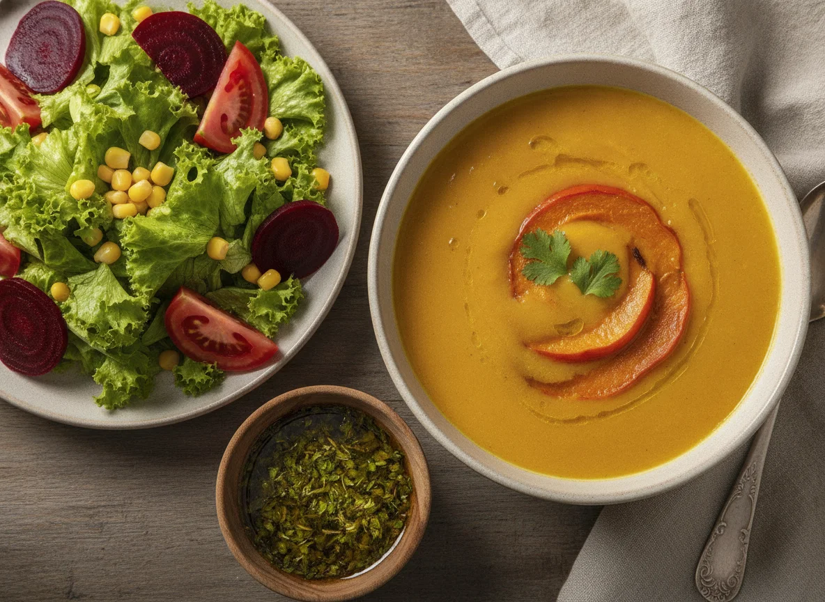 Sopa de abóbora e salada mista photo