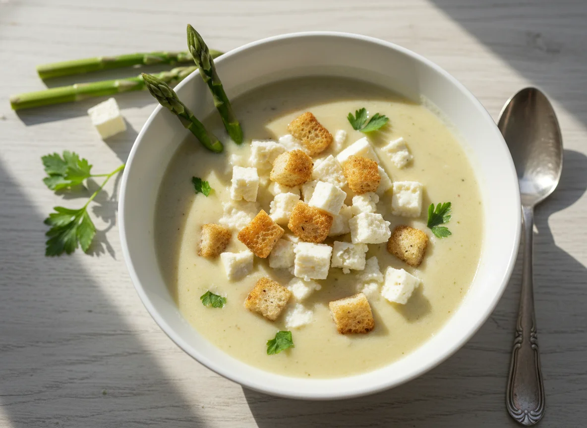 Sopa de aspargos com pedaços de queijo e crutons photo