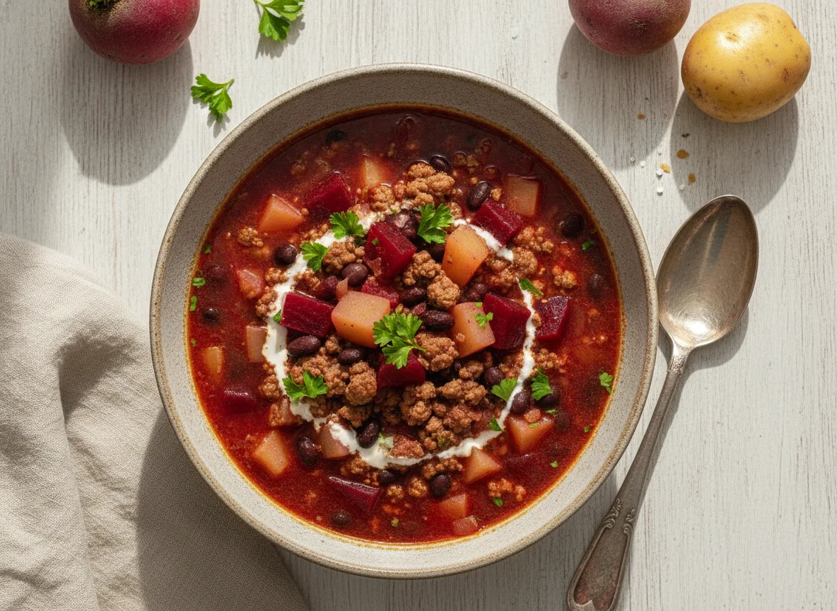 Sopa de Beterraba com Batata e Carne photo