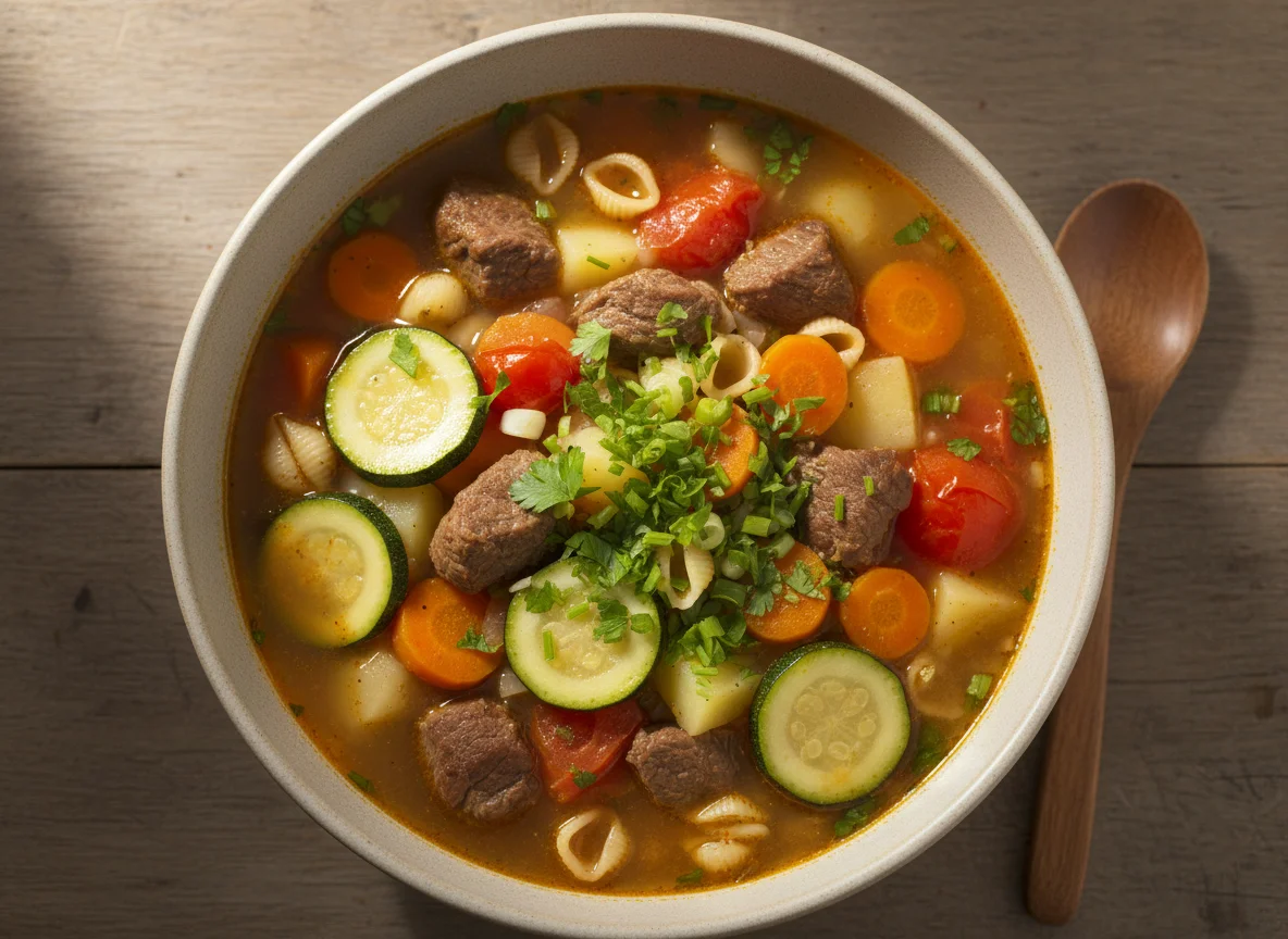 Sopa de carne com legumes e massa photo