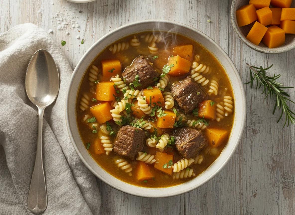 Sopa de carne com macarrão e abóbora photo