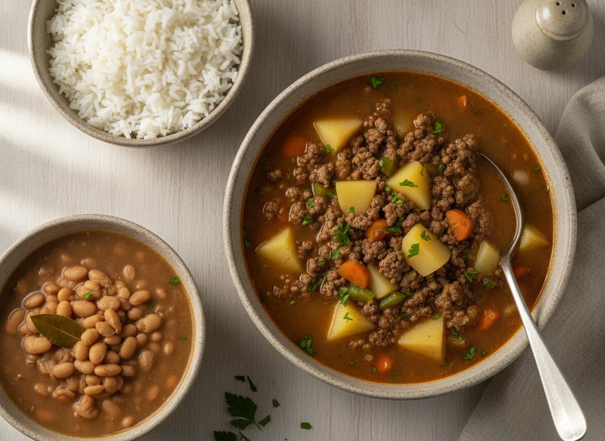 Sopa de Carne Moída com Batata, Arroz e Feijão photo