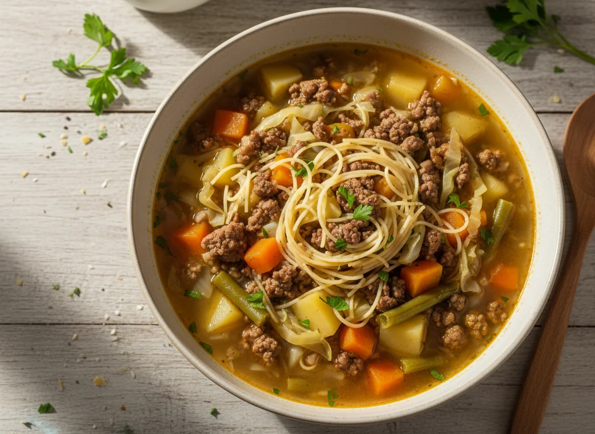 Sopa de carne moída com legumes e macarrão photo