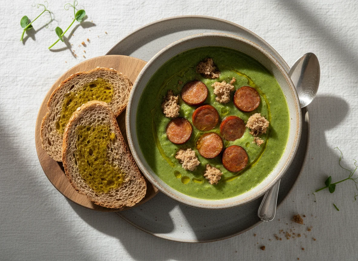 Sopa de ervilha com salsicha e pão com azeite photo