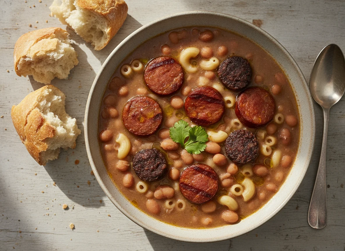 Sopa de feijão com macarrão e pão francês photo