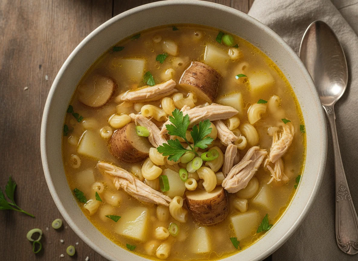 Sopa de frango com batata, cará e macarrão photo