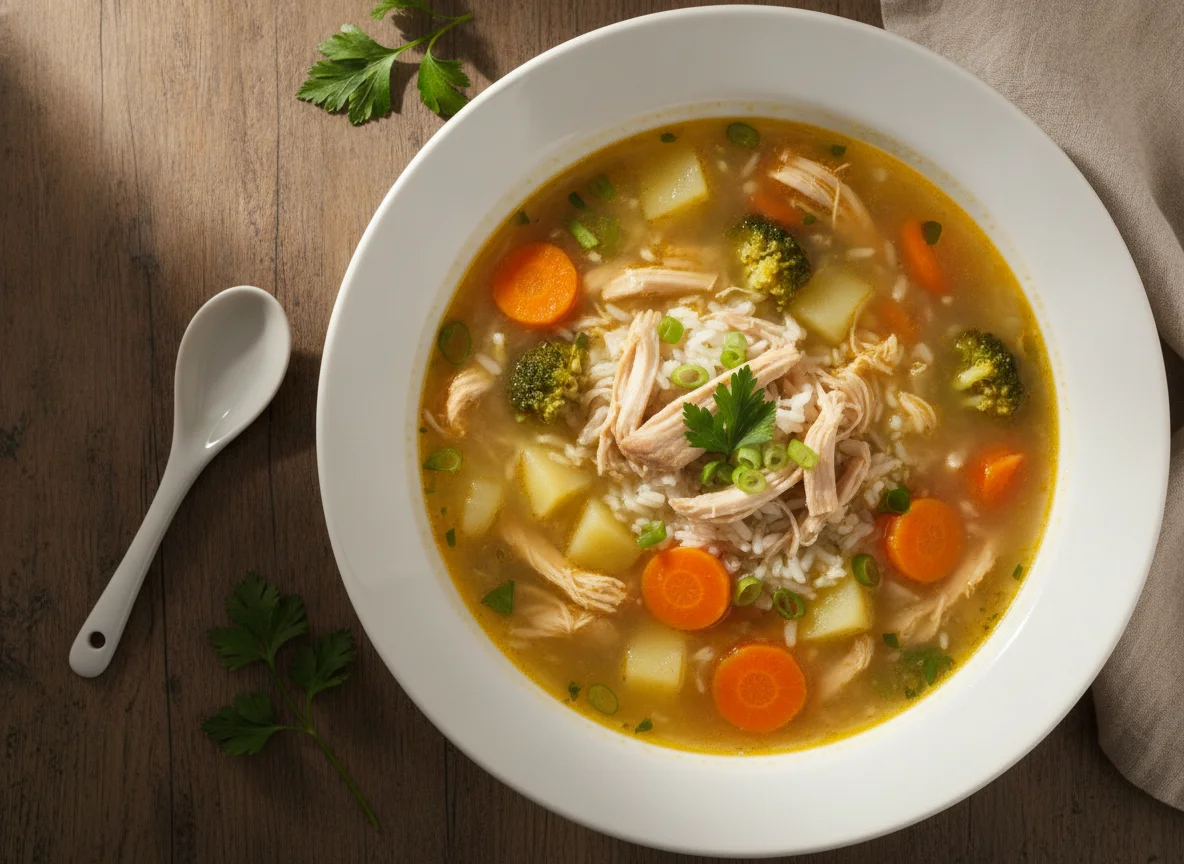 Sopa de frango com legumes e arroz photo